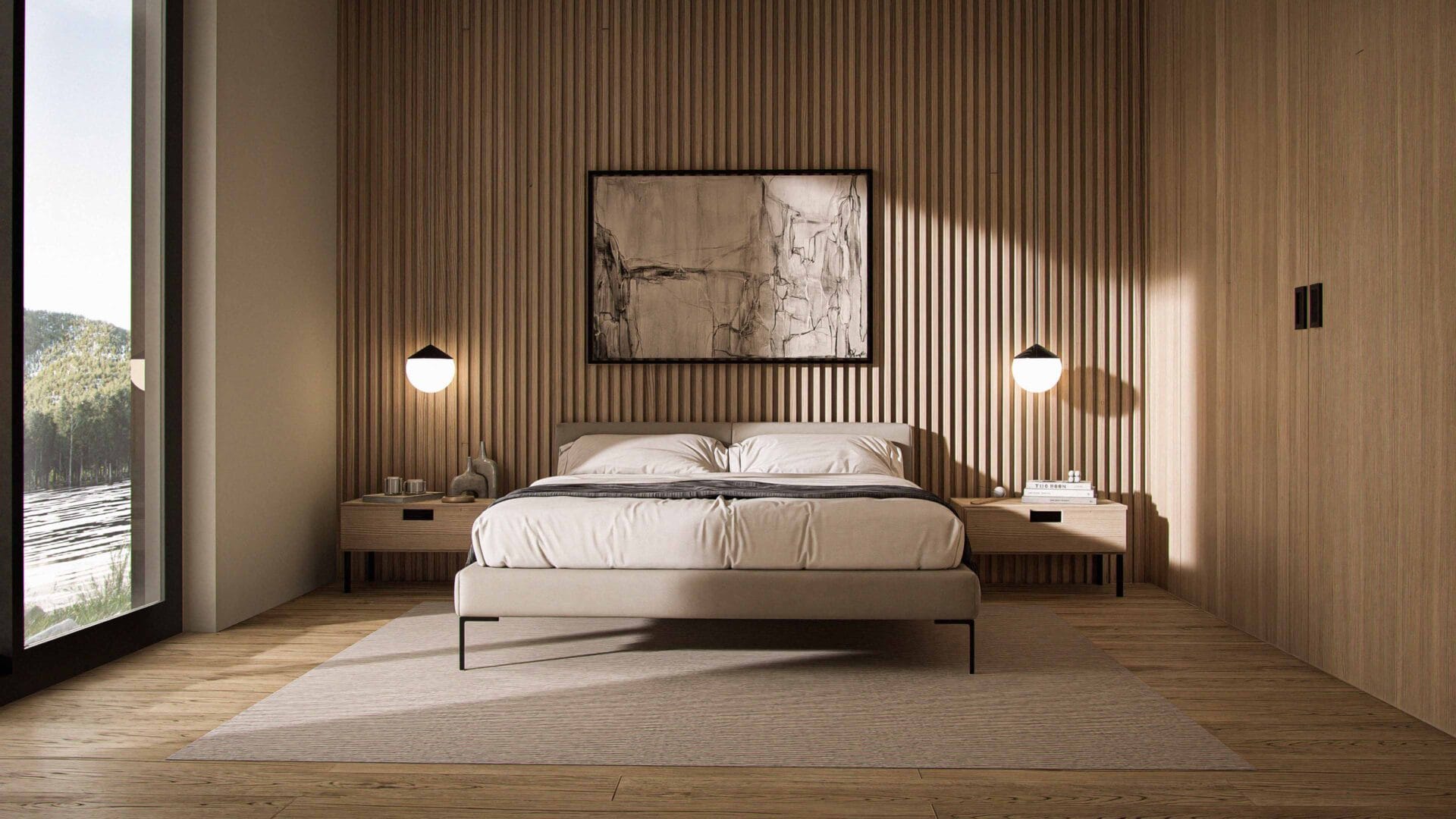 Solaris bedroom interior with Scandinavian wooden design, walk-in closet, floor-to-ceiling energy-efficient windows, and serene natural views