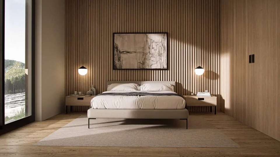 Solaris bedroom interior with Scandinavian wooden design, walk-in closet, floor-to-ceiling energy-efficient windows, and serene natural views