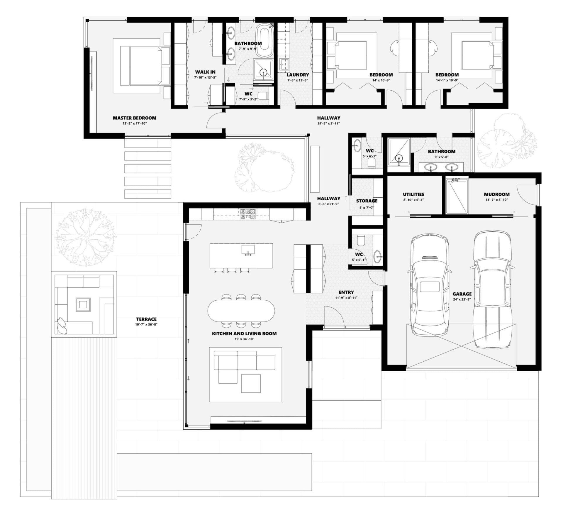 Solaris floor plan featuring an open-concept layout with indoor-outdoor living, master suite, two bedrooms, kitchen, living area, laundry, and garage
