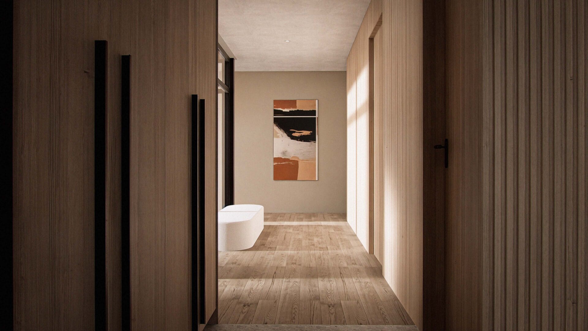 Solaris hallway connecting kitchen, living room, garage, and bedroom sections with floor-to-ceiling windows, Scandinavian wooden design, and a convenient wardrobe