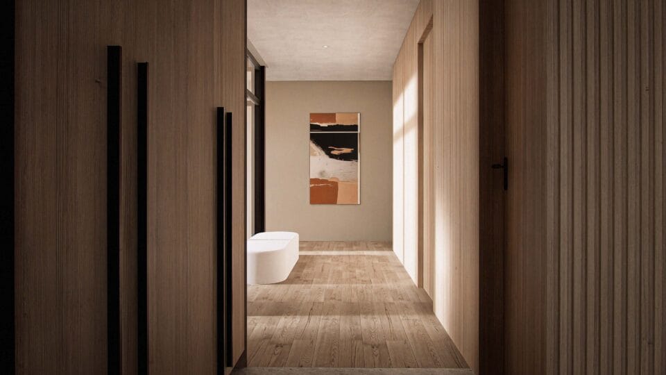 Solaris hallway connecting kitchen, living room, garage, and bedroom sections with floor-to-ceiling windows, Scandinavian wooden design, and a convenient wardrobe