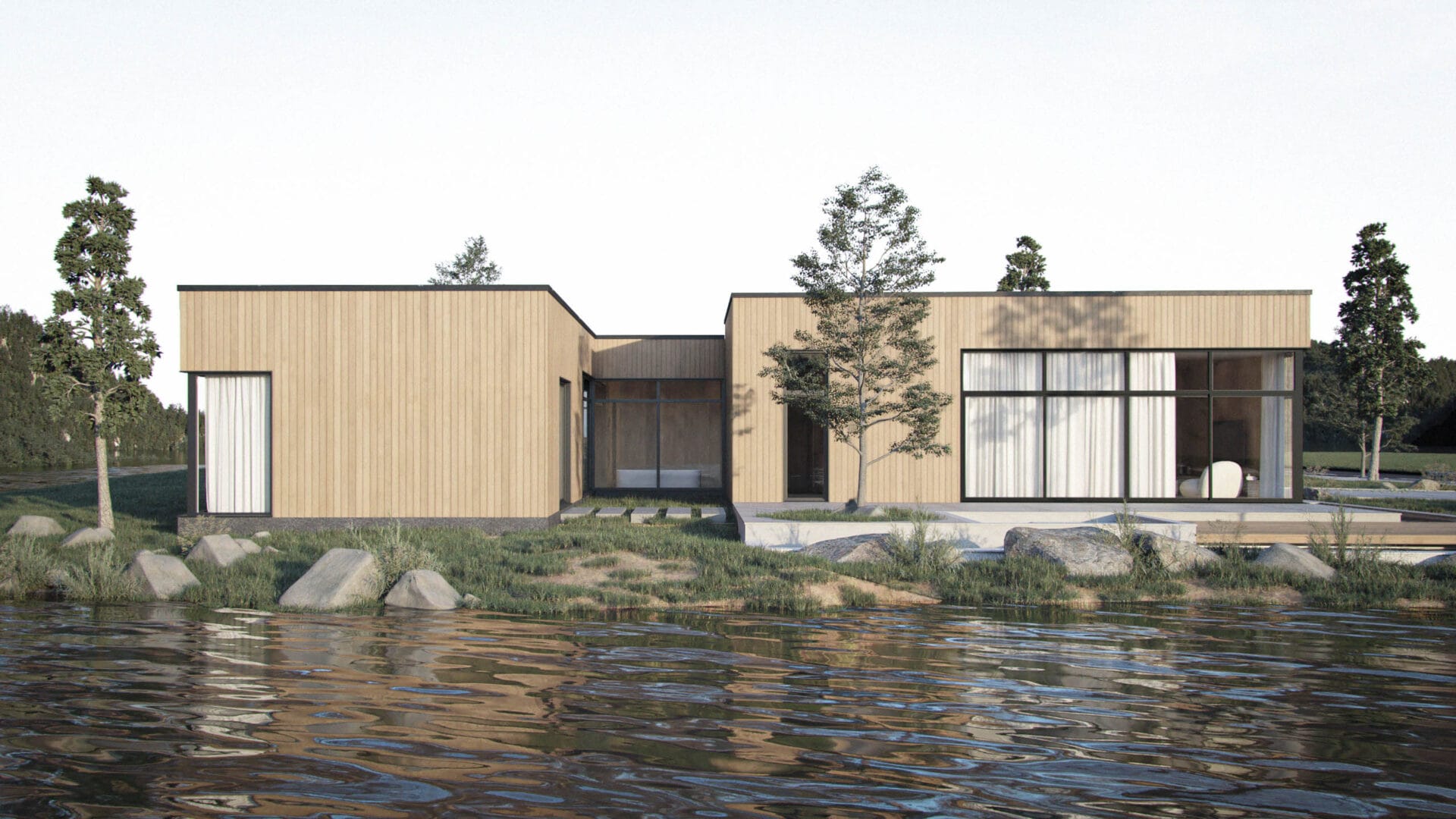 Solaris left side elevation with a kitchen-living room section, master bedroom section, and hallway with large windows overlooking a lake