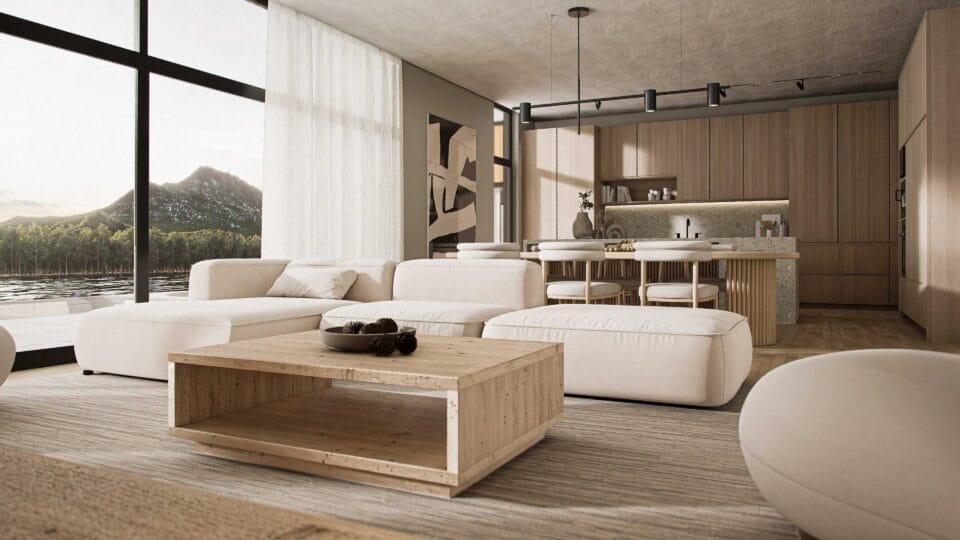 Solaris living room and kitchen with minimalist design, dining table, and floor-to-ceiling windows offering lake and mountain views