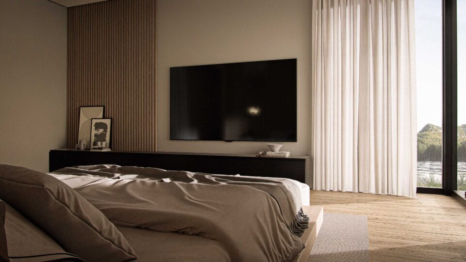 Solaris master bedroom with natural wood finishes, calm colors, a floor-to-ceiling corner window showcasing lake views, and a large TV for entertainment