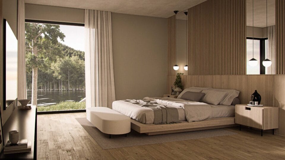 Solaris master bedroom interior with natural wood finishes, calm color palette, and a unique floor-to-ceiling corner window offering lake and nature views