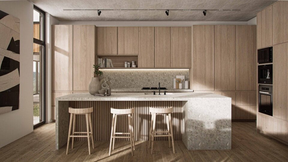 Solaris kitchen with wood finish cabinets, kitchen island with seating, and big window opening to the terrace