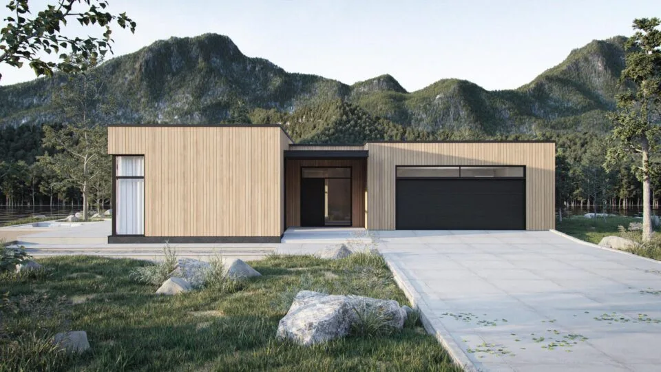 Front view of Solaris - a modern Scandinavian house with flat roof and wooden exterior, set against a mountain backdrop