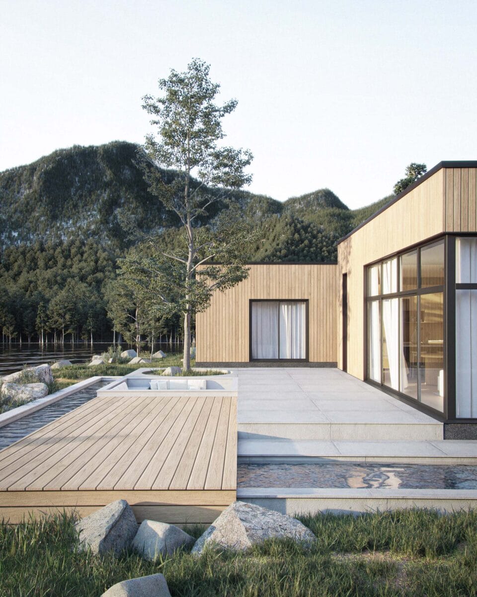 Large private terrace of Solaris, a modern Scandinavian home with sunken firepit, seating area, and water feature