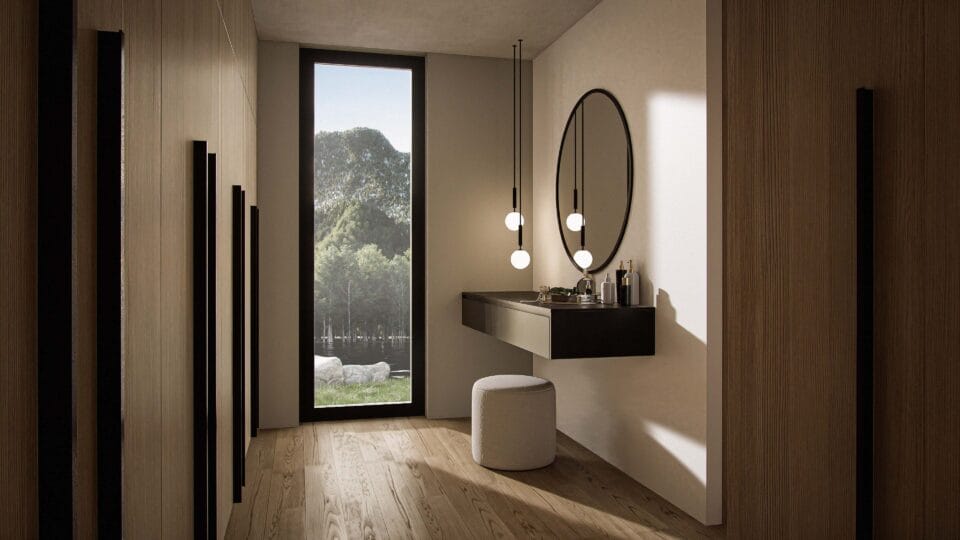 Solaris master bedroom walk-in wardrobe with large closets, makeup space, floor-to-ceiling window, and access to the master bathroom