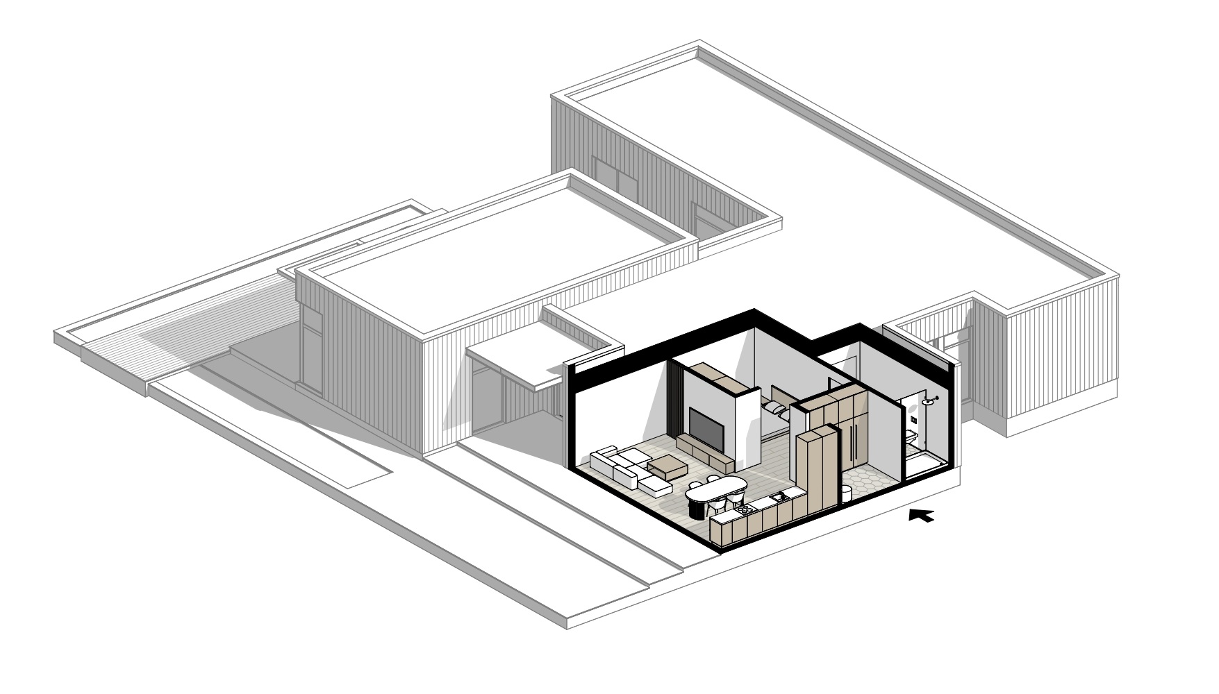 3D floor plan cutaway showing a garage converted into a one-bedroom rental or in-law ADU with a separate entrance, bathroom, with no added square footage to the house