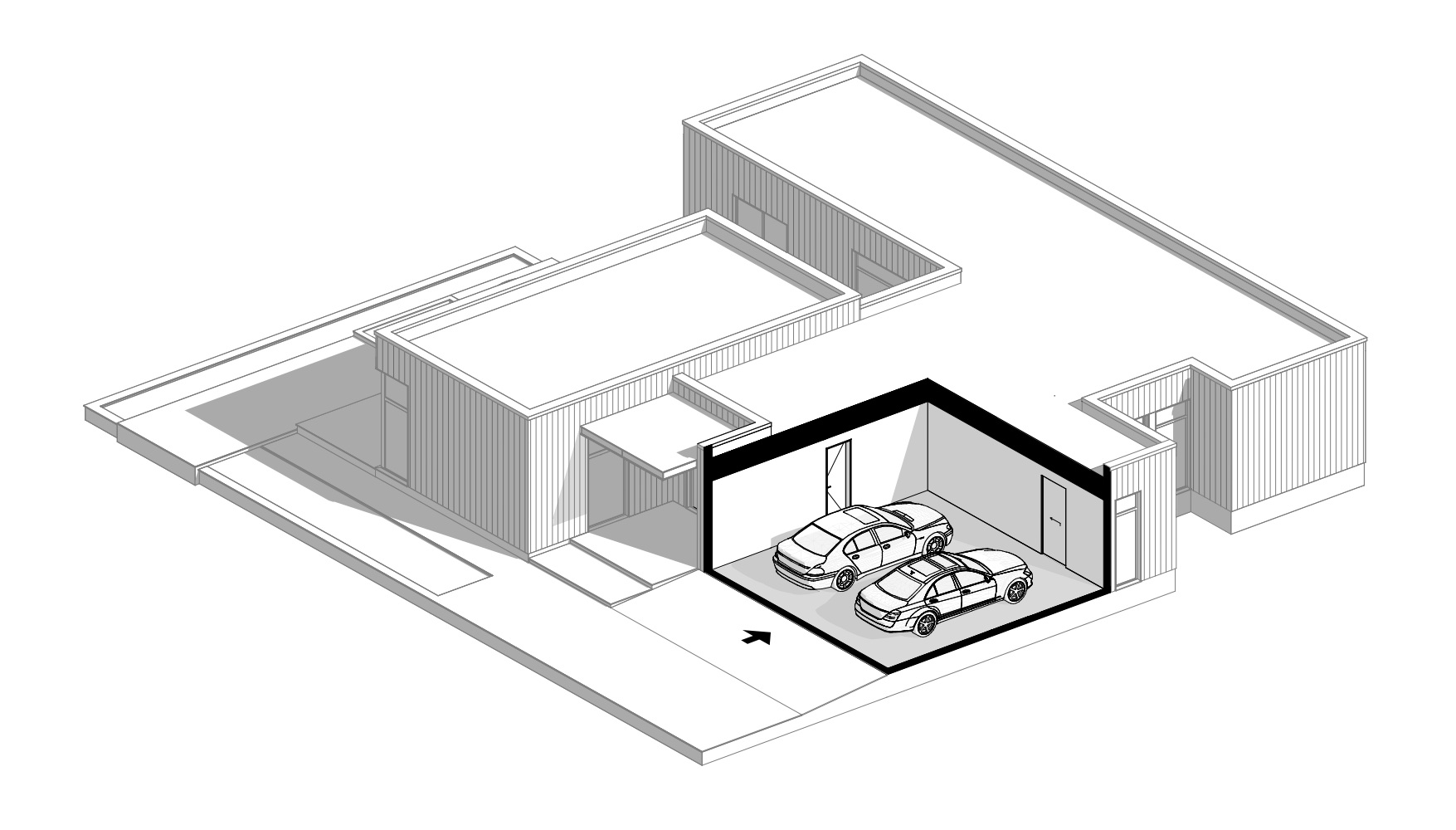 3D rendering of a modern house plan showing garage layout with wall cutaway for visual clarity