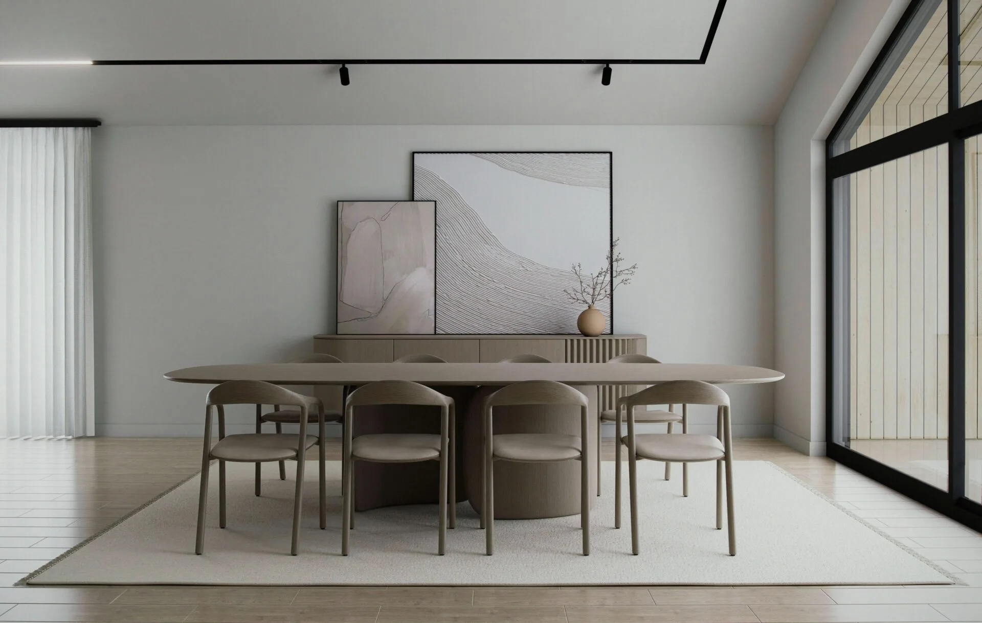 Aurora dining area with minimalist Scandinavian design, oval table and eight chairs, large window, and connection to kitchen and living room