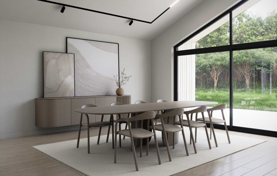 Aurora dining area with oval table and eight chairs, large sliding windows opening to the terrace and garden, minimalist Scandinavian interior with neutral tones
