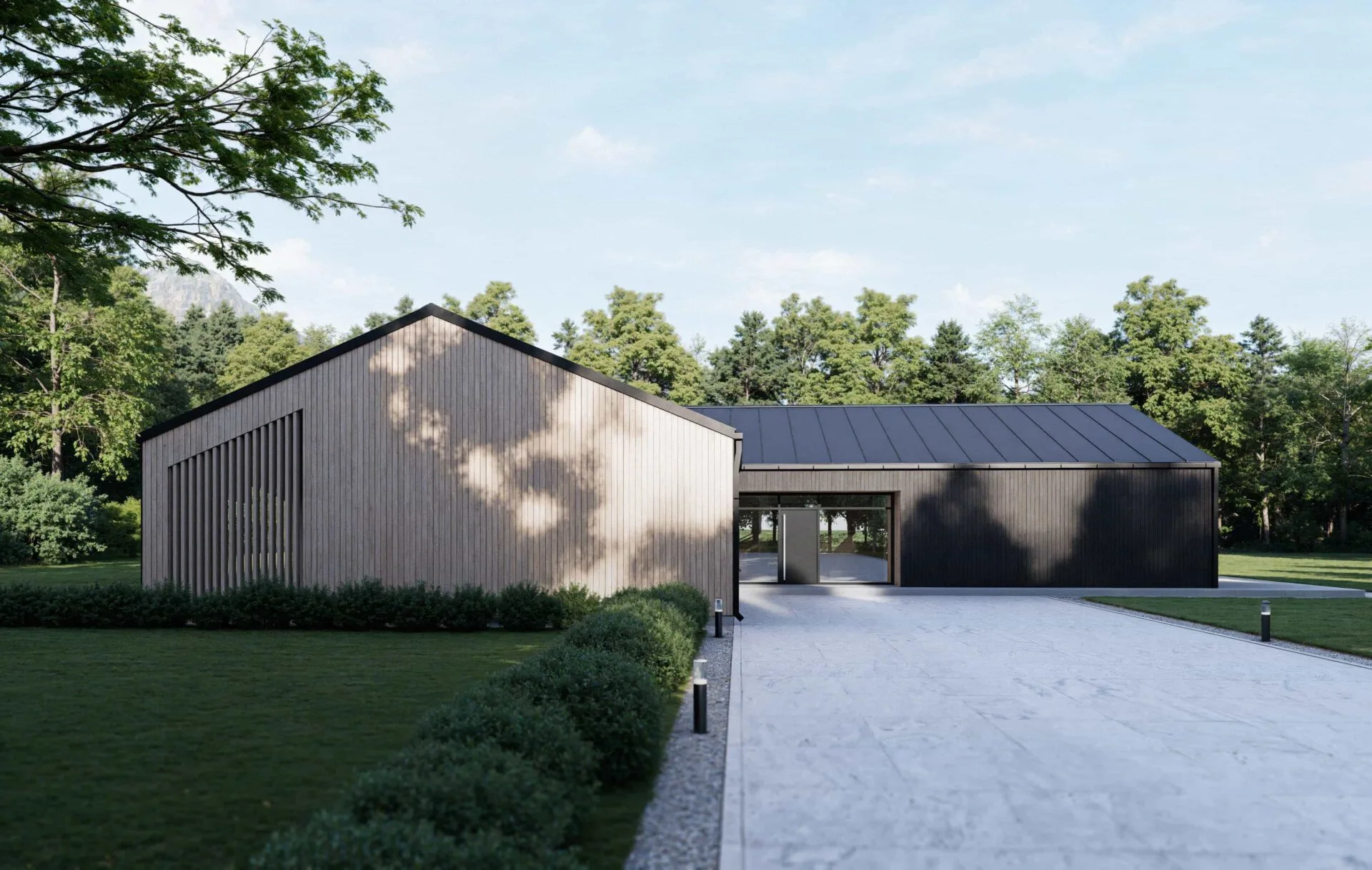 Aurora Scandinavian home exterior with wood facade, dark metal roof and long driveway leading to the main entrance