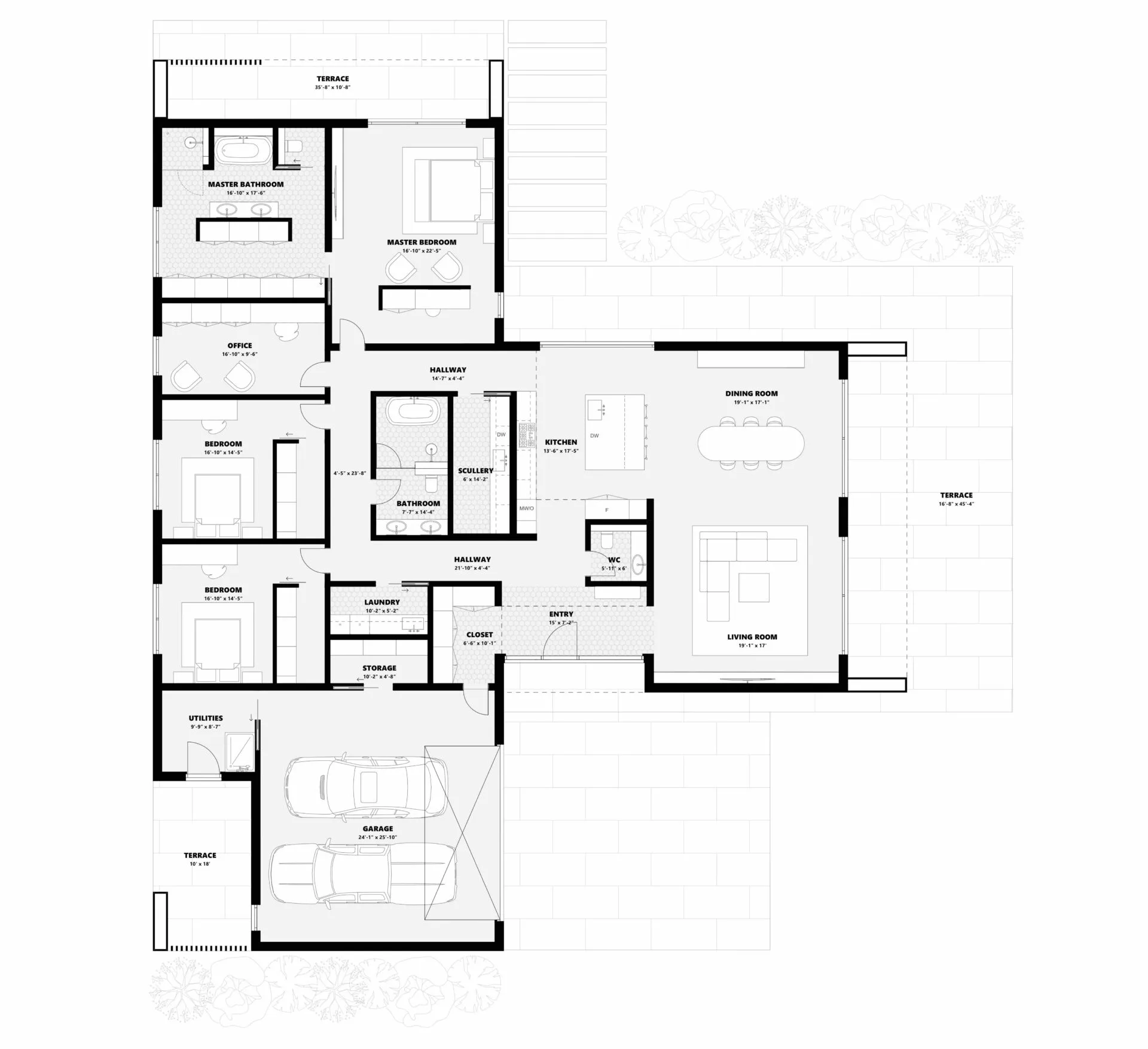 Aurora floor plan showing open-concept living room, dining and kitchen with terrace access, primary suite with walk-in wardrobe and bath, two bedrooms, home office, laundry and double garage