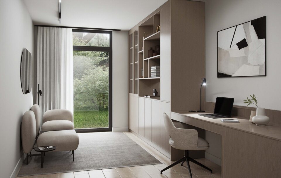 Aurora home office with built-in desk and shelving, lounge chairs, neutral Scandinavian decor, and a floor-to-ceiling window bringing natural light