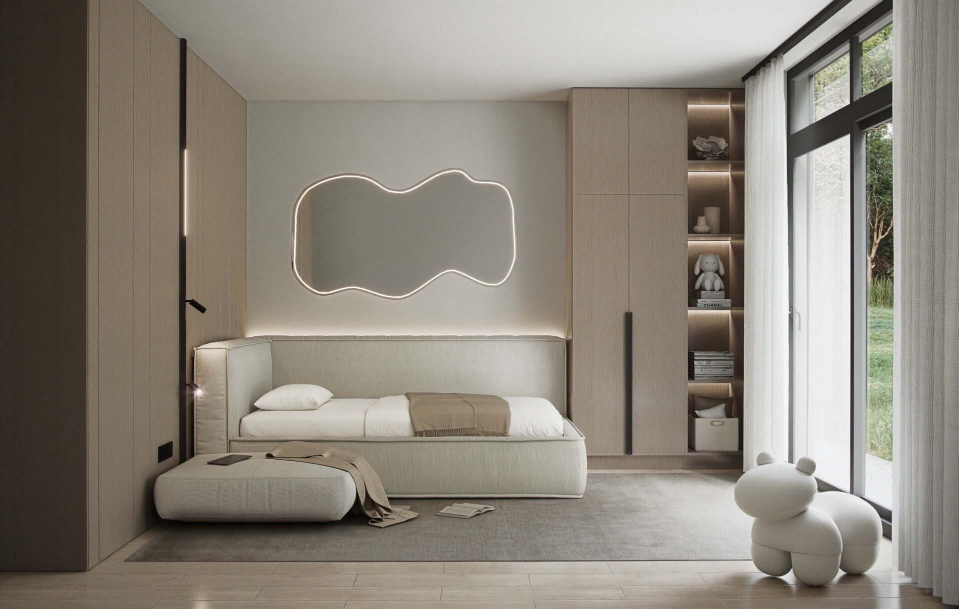 Aurora children’s room with large windows, neutral Scandinavian interior, built-in wardrobe and shelving, and an upholstered bed