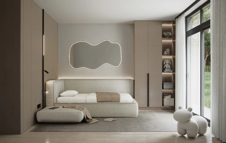 Aurora children’s room with large windows, neutral Scandinavian interior, built-in wardrobe and shelving, and an upholstered bed