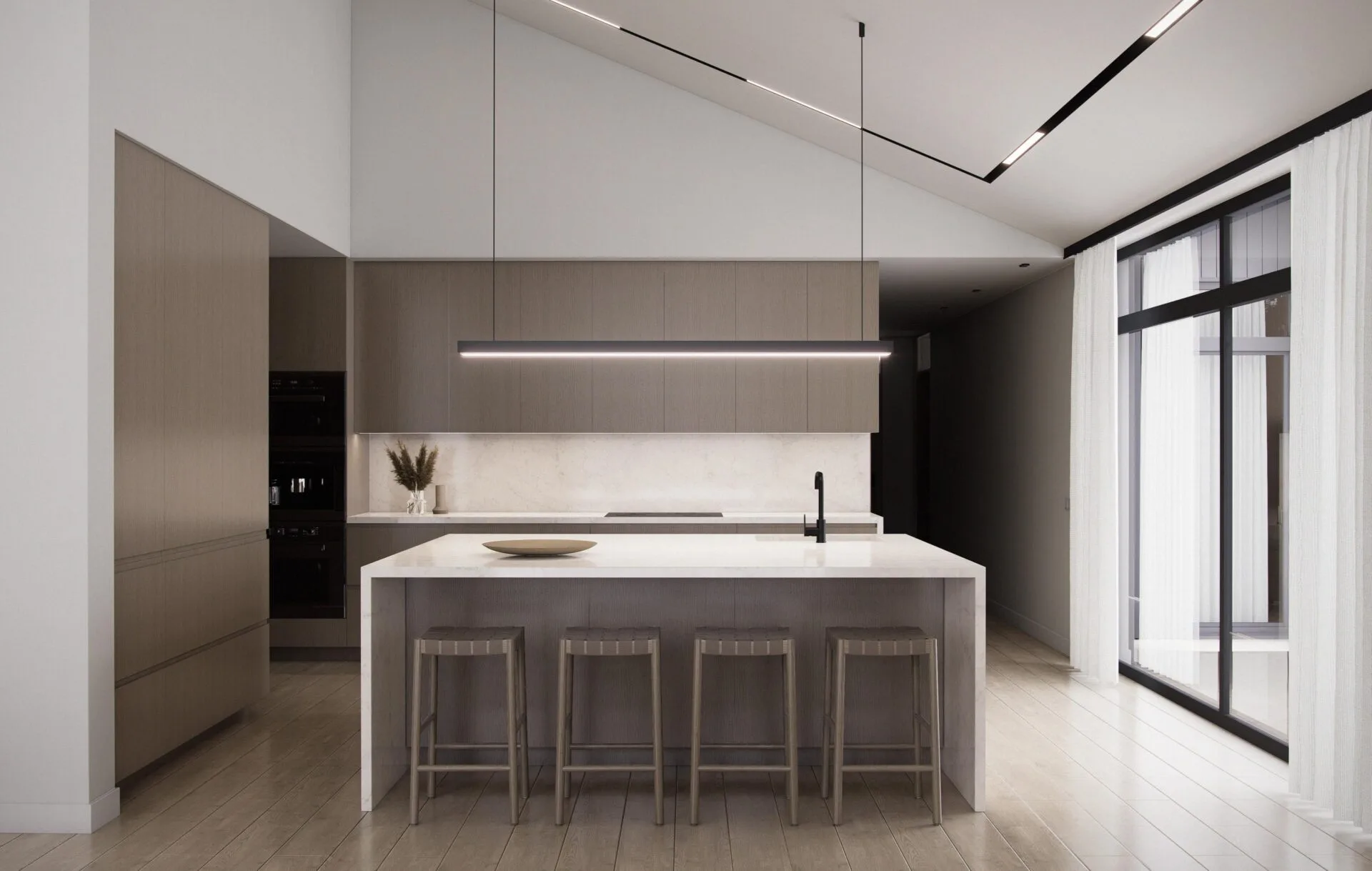 Aurora kitchen with island, wood cabinetry, pendant light, vaulted ceiling, and floor-to-ceiling doors opening to the terrace