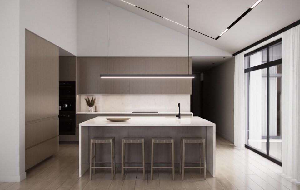 Aurora kitchen with island, wood cabinetry, pendant light, vaulted ceiling, and floor-to-ceiling doors opening to the terrace