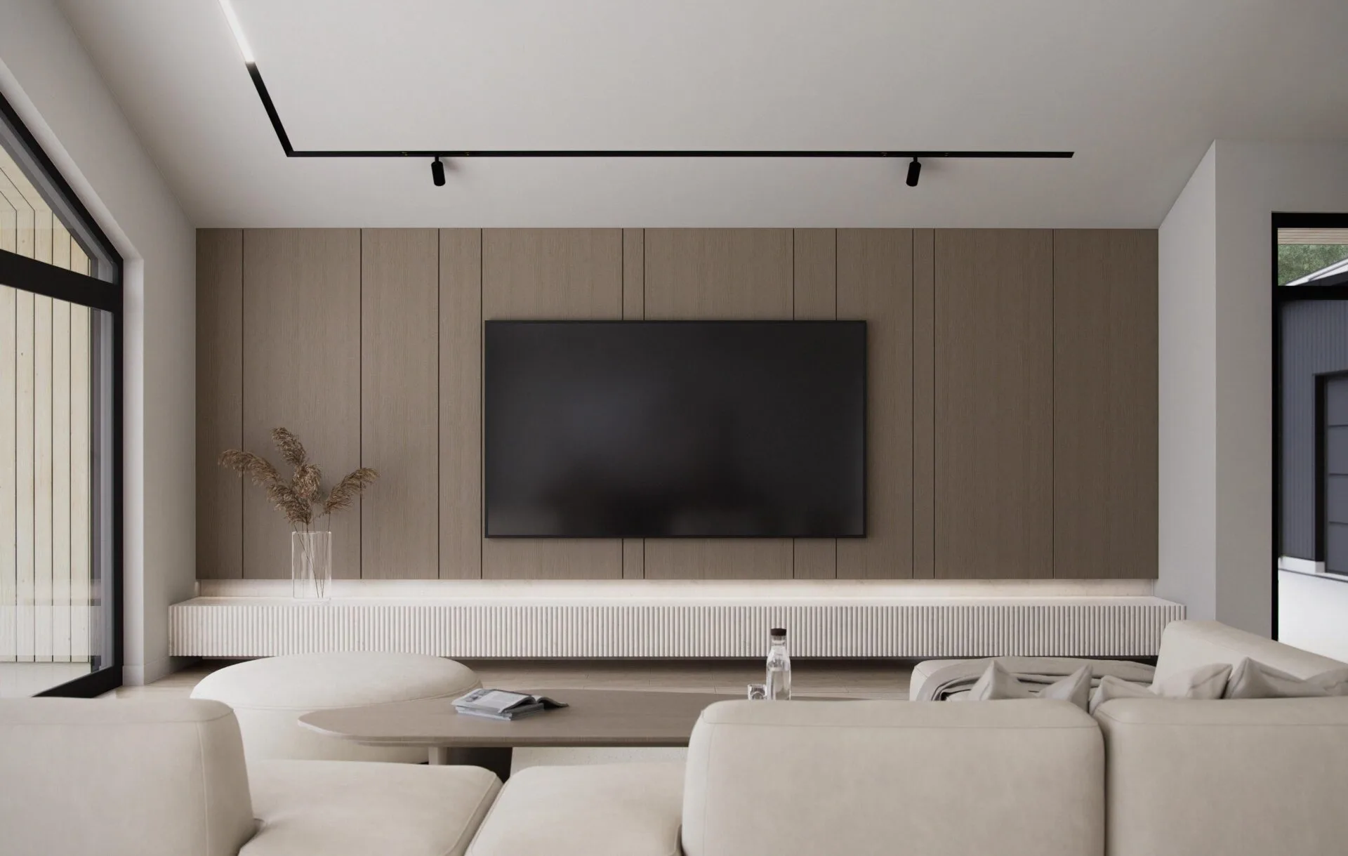 Aurora living room with wood panel wall and large TV, vaulted ceiling, floor-to-ceiling windows, and cozy Scandinavian seating