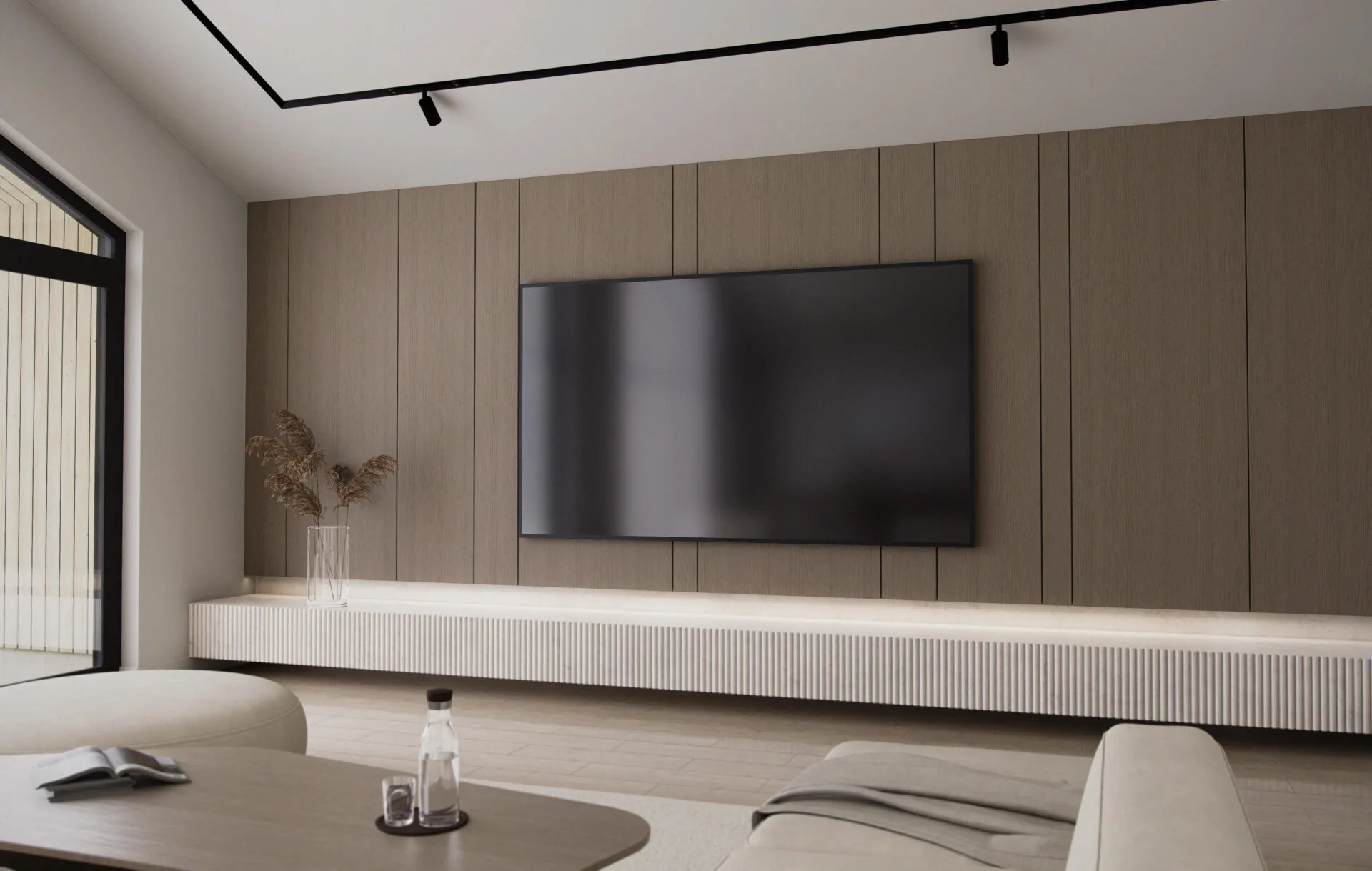 Aurora living room close-up with wood panel feature wall, large wall-mounted TV, floating ribbed console and minimalist Scandinavian decor