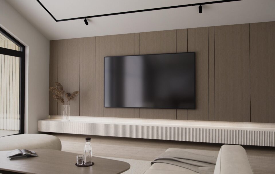 Aurora living room close-up with wood panel feature wall, large wall-mounted TV, floating ribbed console and minimalist Scandinavian decor