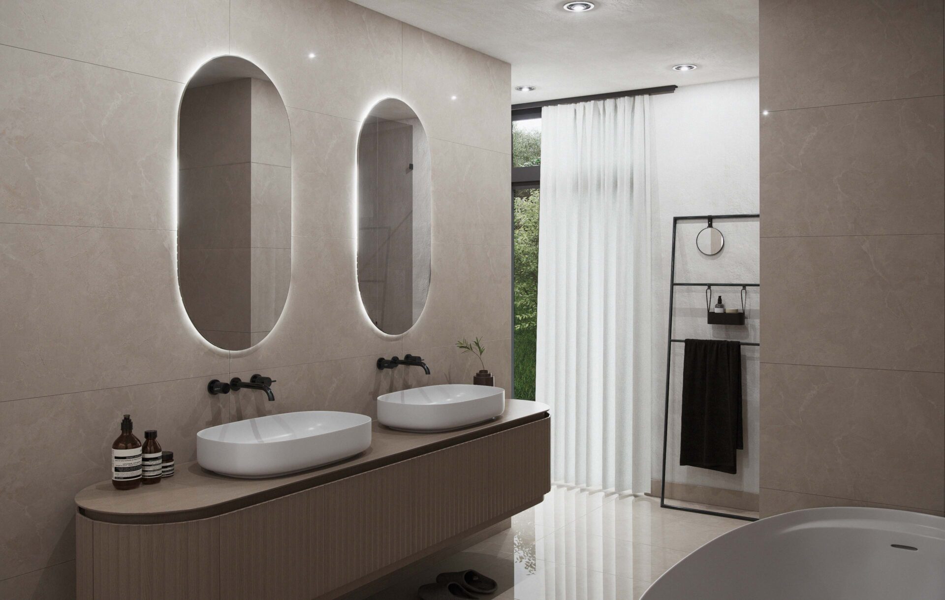 Aurora master bathroom with double vessel sinks, backlit oval mirrors, wall-mounted faucets, and a floor-to-ceiling window bringing natural light