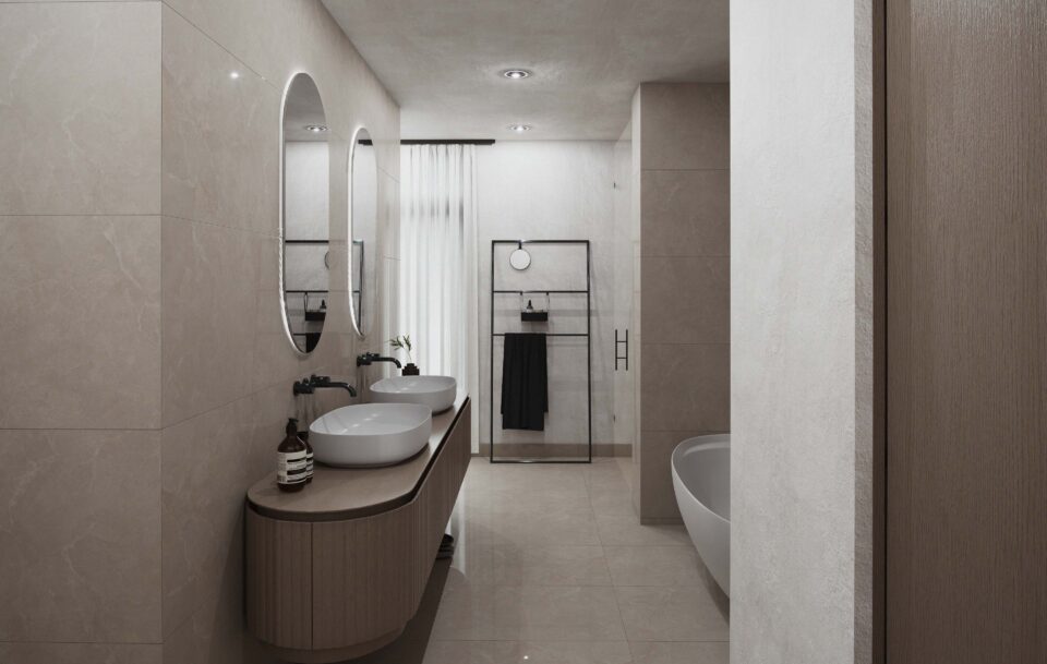 Aurora master bathroom with double vanity and vessel sinks, black-framed walk-in shower and freestanding bath