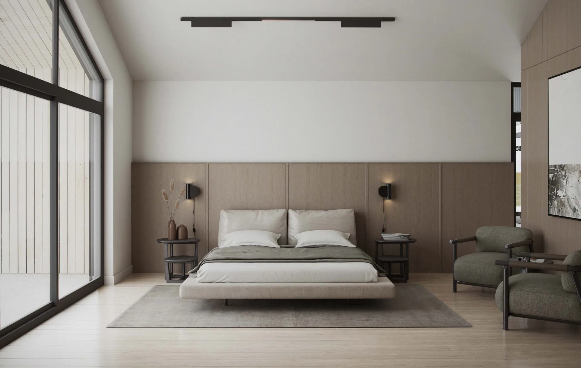 Aurora master bedroom with king-size bed, wood panel accent wall, vaulted ceiling, and floor-to-ceiling windows