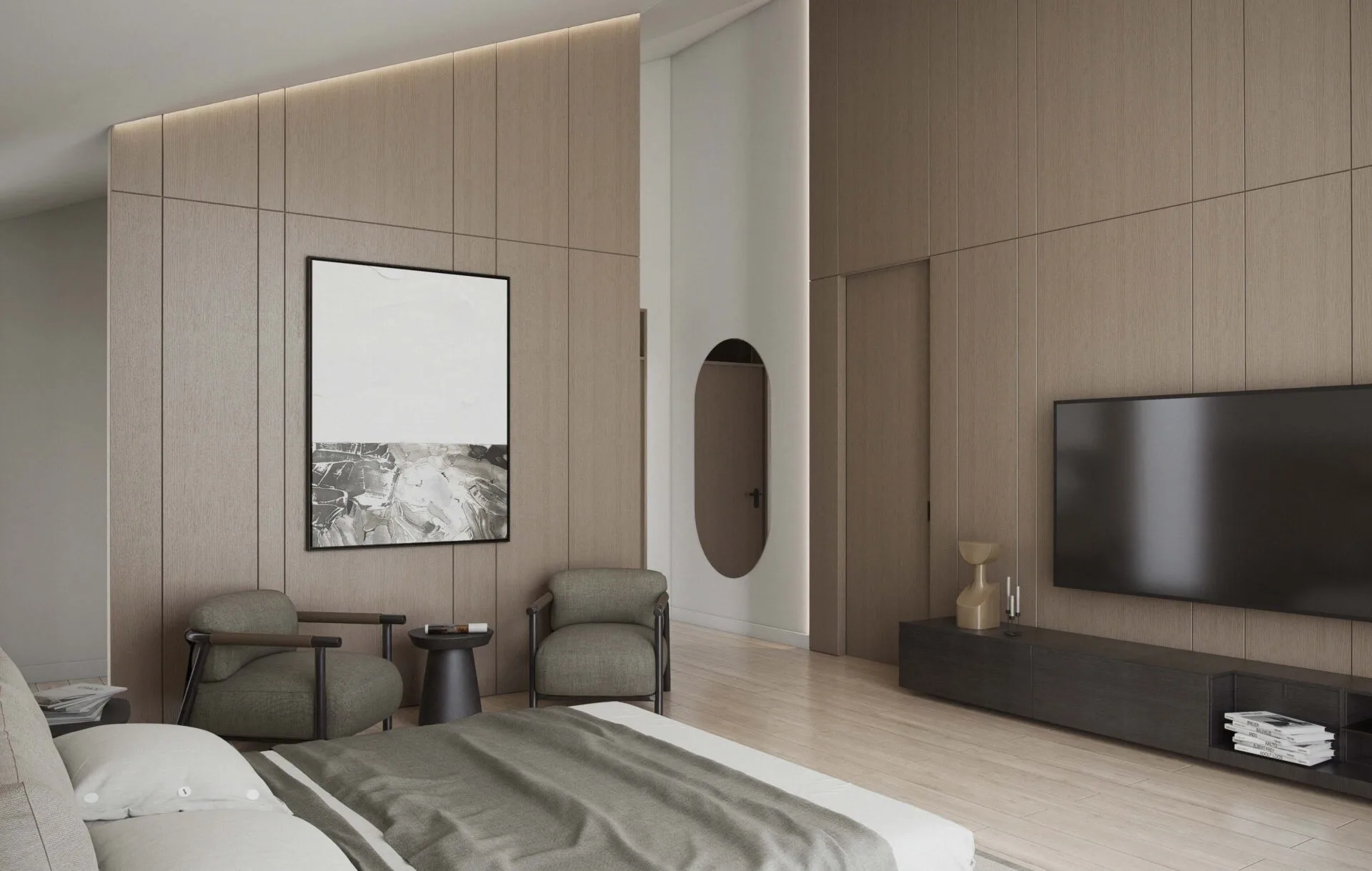 Aurora master bedroom with king-size bed, wood panel walls, vaulted ceiling, wall-mounted TV and door to the master bathroom