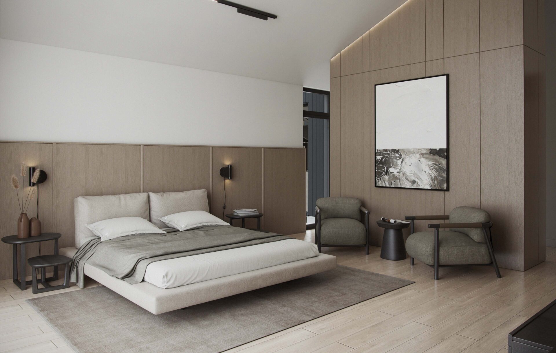 Aurora master bedroom with king-size bed, wood panel walls, vaulted ceiling, neutral tones, and a cozy seating nook