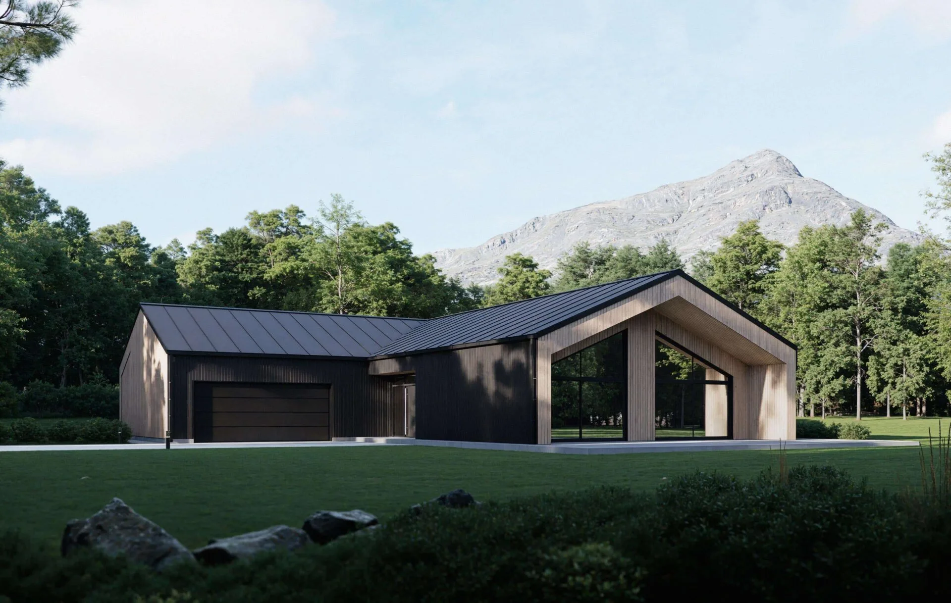 Aurora Scandinavian home exterior with gabled wood facade, large living room windows and terrace, main entrance and double garage, mountain backdrop