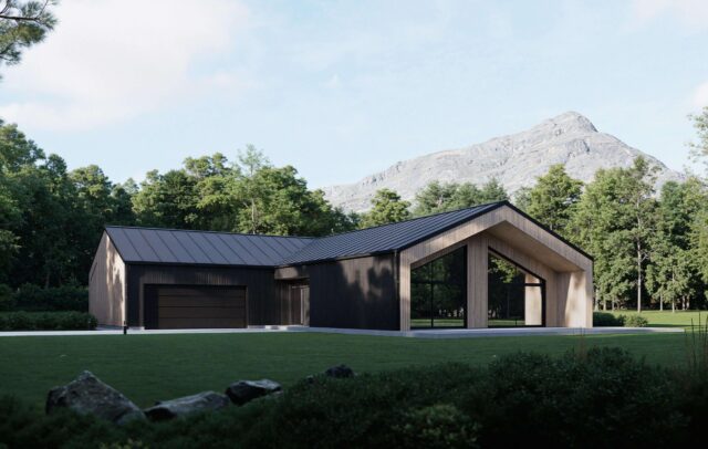 Aurora Scandinavian home exterior with gabled wood facade, large living room windows and terrace, main entrance and double garage, mountain backdrop