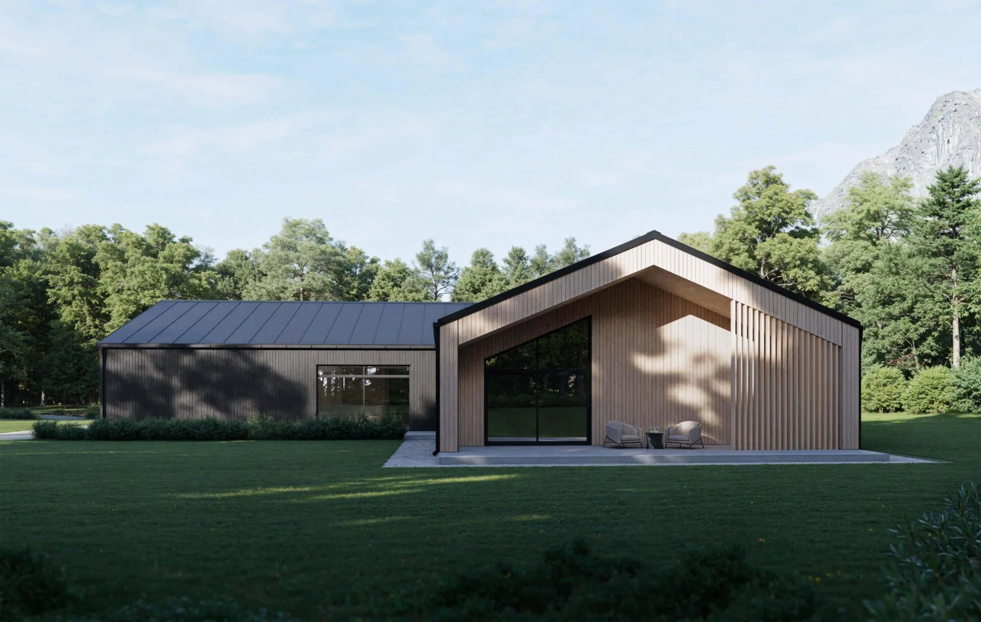 Aurora Scandinavian home exterior showing master bedroom floor-to-ceiling windows and a large half-covered terrace against a mountain and forest backdrop