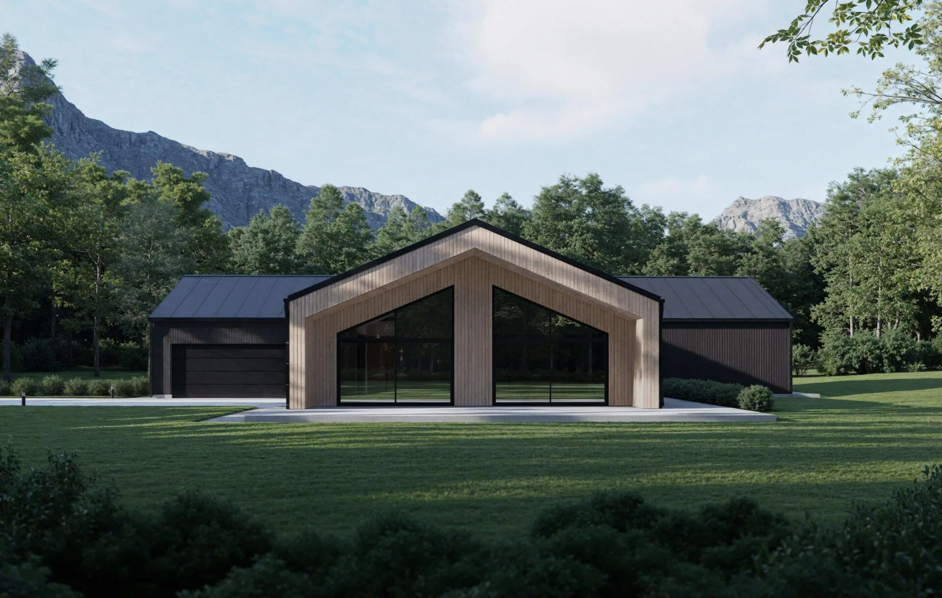 Modern Scandinavian home AURORA with large living room windows and a terrace, surrounded by nature and mountain views