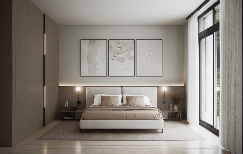 Aurora secondary bedroom with queen-size bed, floor-to-ceiling windows, bedside sconces, built-in wardrobe and cozy neutral tones