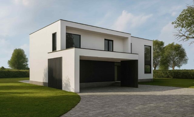 Haven - modern Scandinavian two-story home with flat roof, white facade, black accents, covered entry and large windows