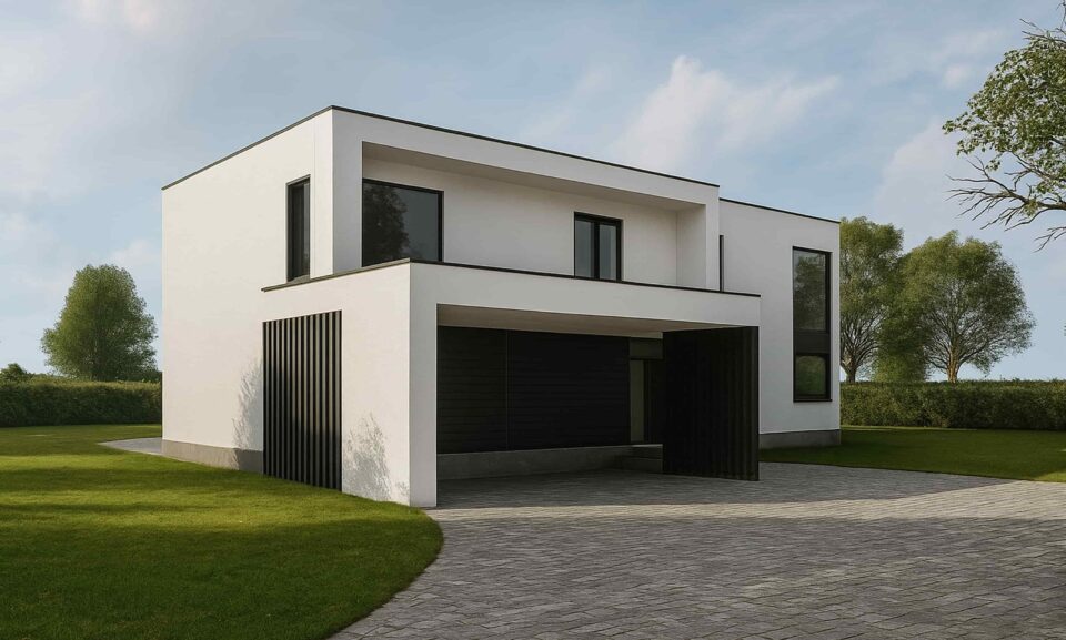 Haven - modern Scandinavian two-story home with flat roof, white facade, black accents, covered entry and large windows