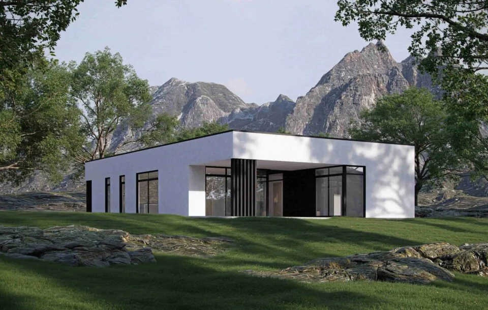 Lumina small modern Scandinavian home with flat roof, courtyard with covered terrace and large windows