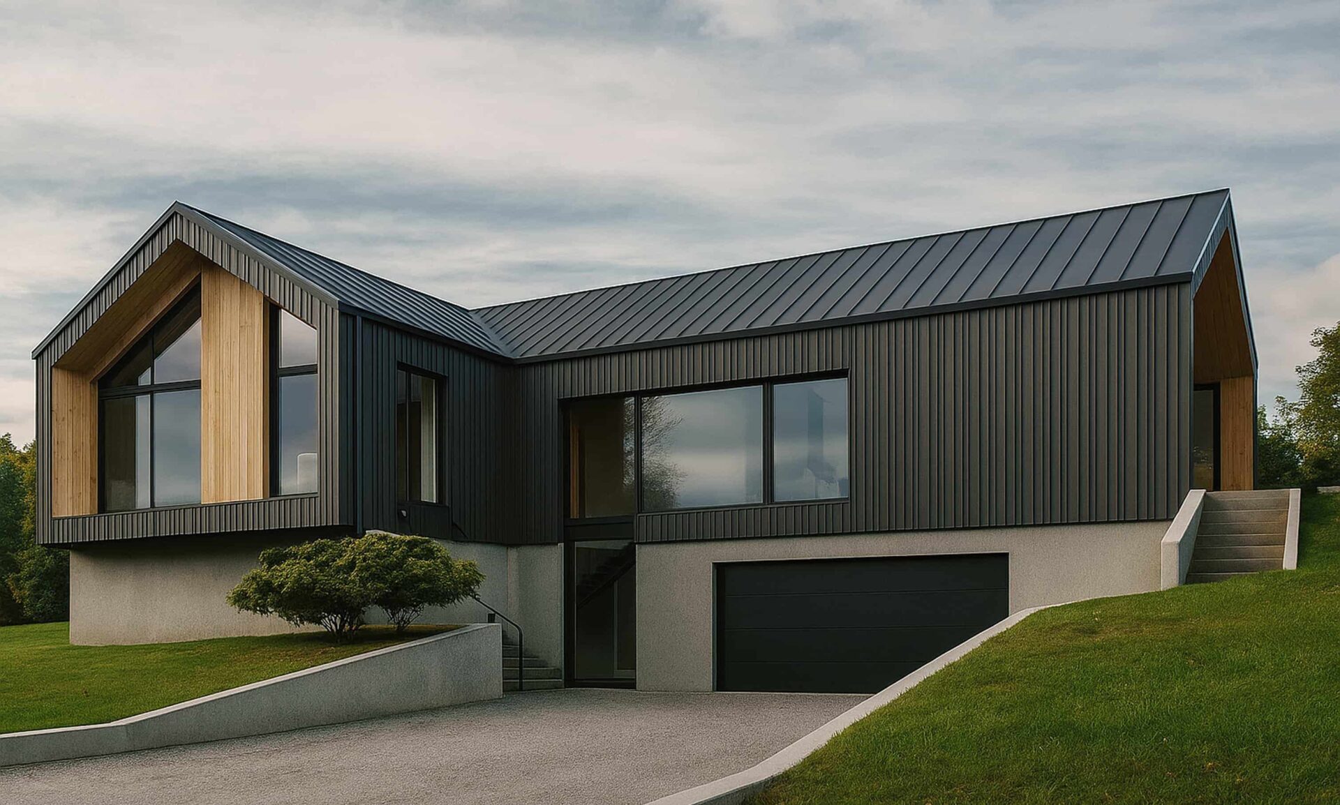 Terra - modern Scandinavian split-level home with dark vertical cladding, large gable windows and integrated double garage