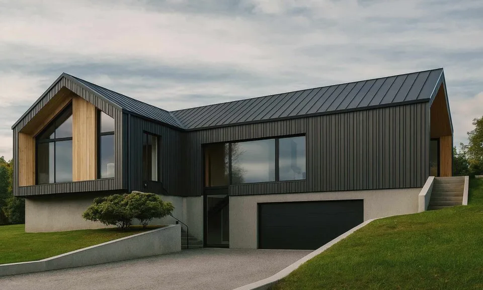 Terra - modern Scandinavian split-level home with dark vertical cladding, large gable windows and integrated double garage
