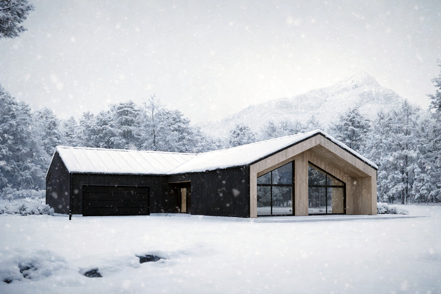 Aurora Scandinavian home exterior in winter snow with large gable, floor-to-ceiling windows, and timber facade.