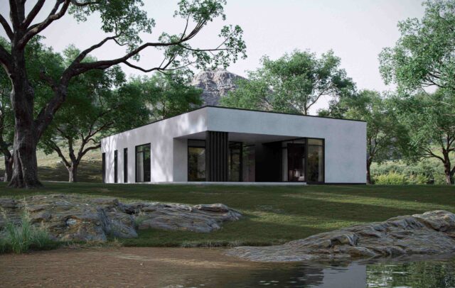 Lumina modern Scandinavian home back facade with covered terrace and courtyard framed by large windows