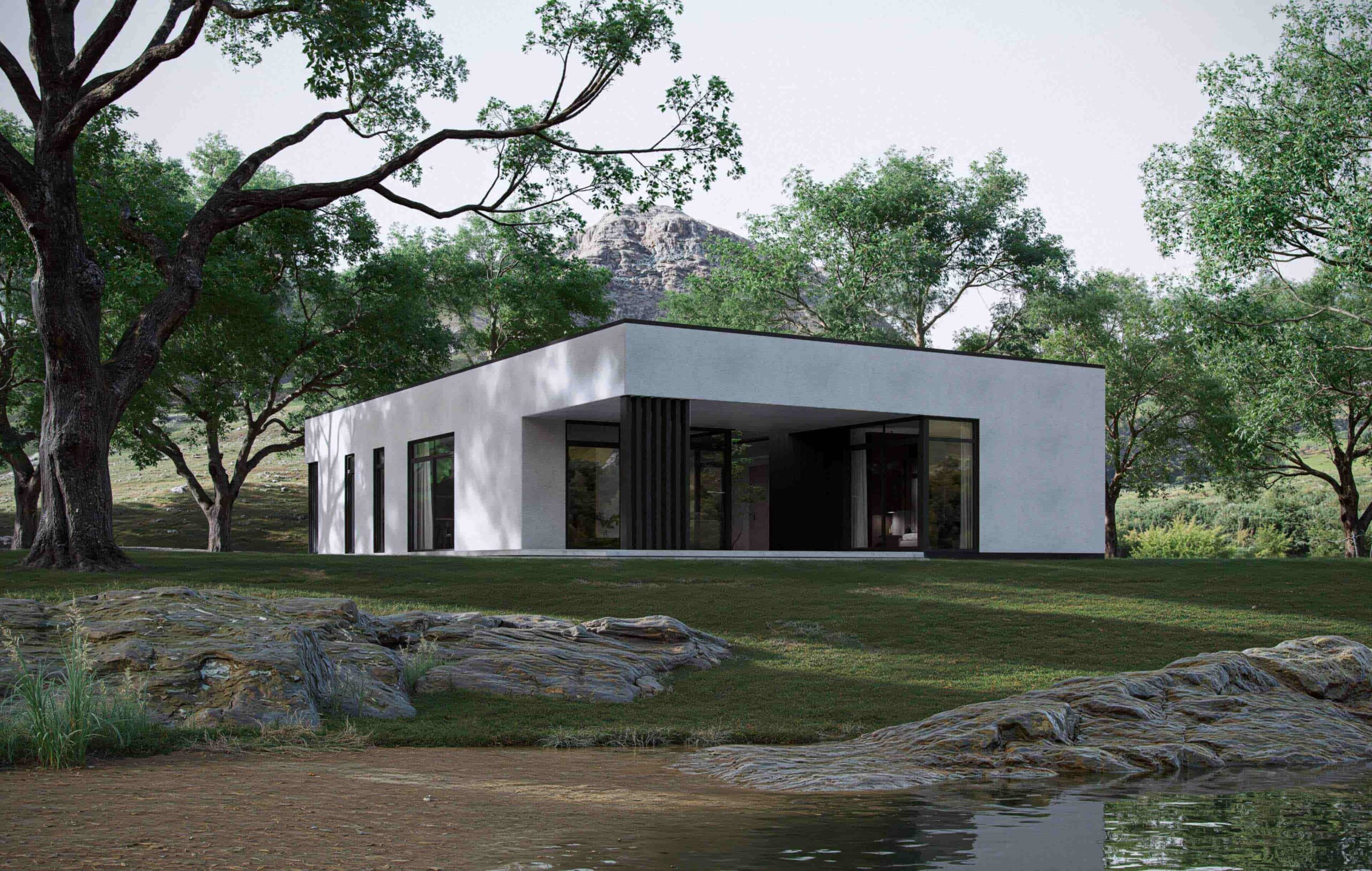 Lumina modern Scandinavian home back facade with covered terrace and courtyard framed by large windows