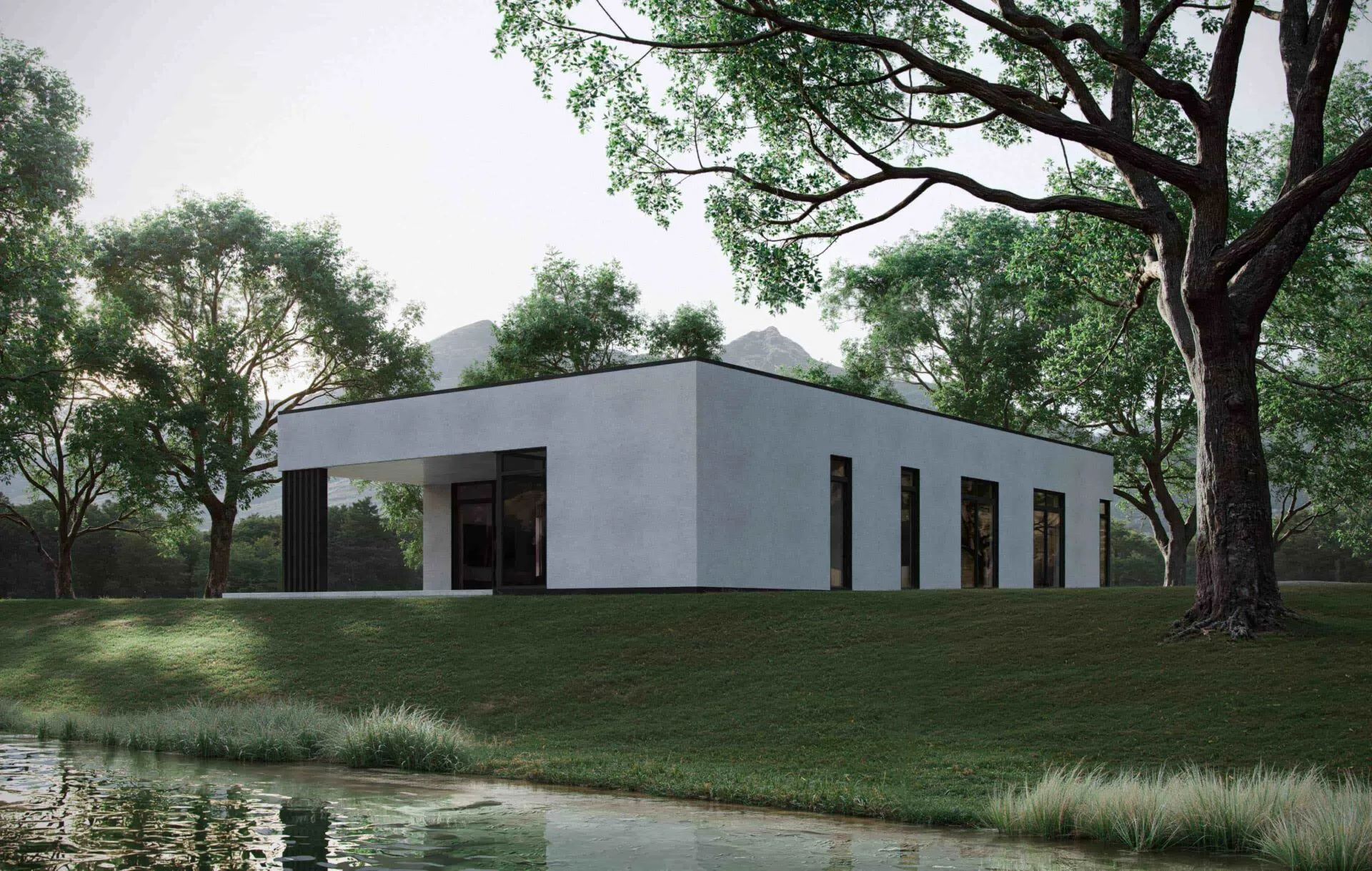 Lumina back facade with covered terrace and side elevation showing bedroom, bathroom, and home office windows