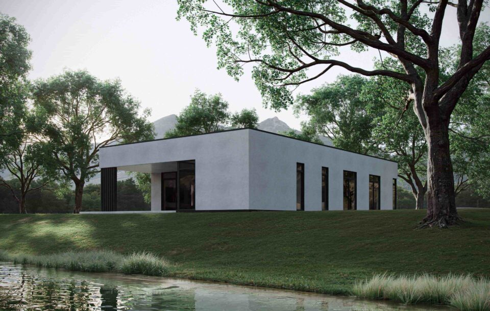 Lumina back facade with covered terrace and side elevation showing bedroom, bathroom, and home office windows