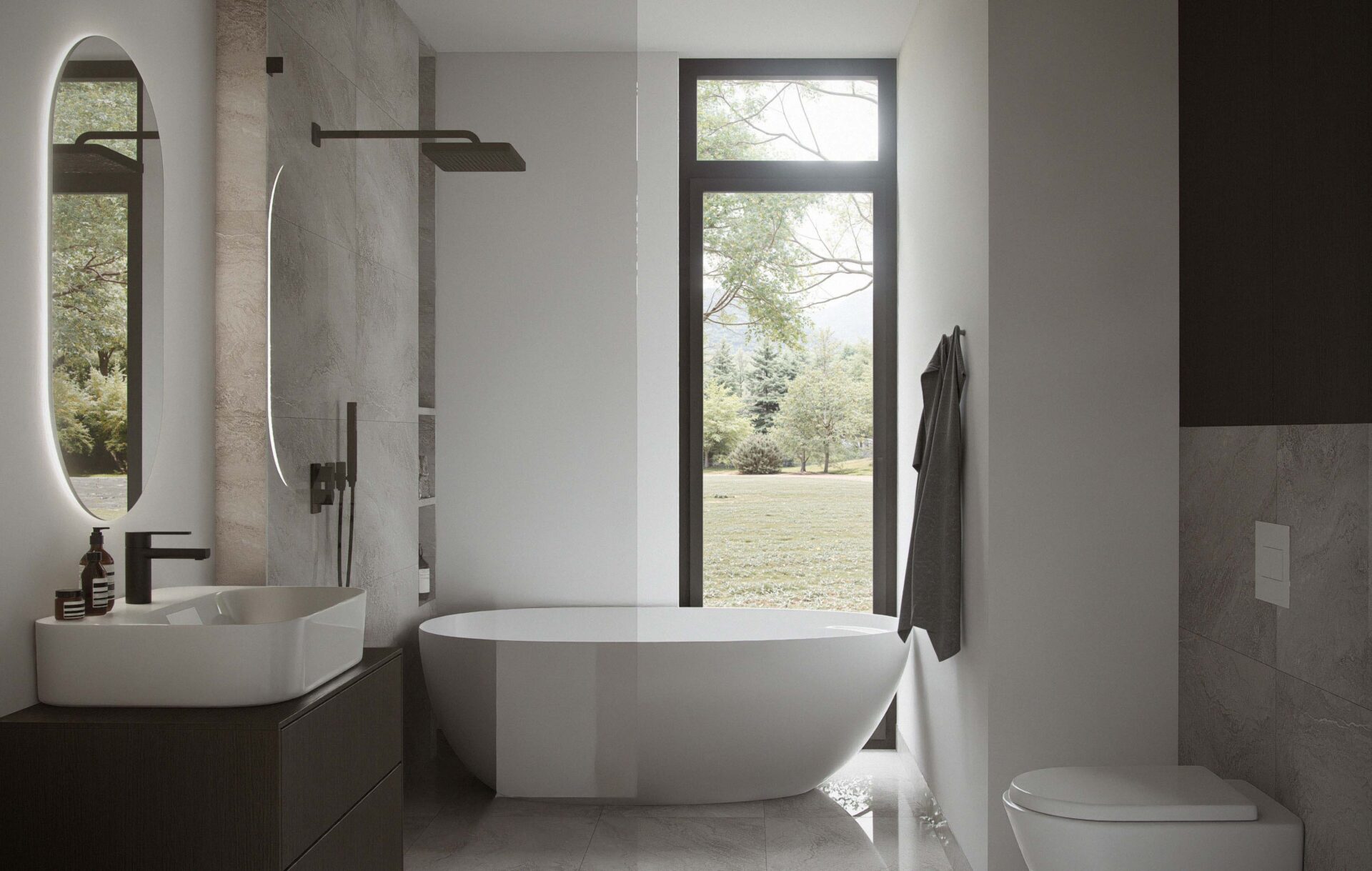 Lumina bathroom with freestanding tub, walk-in shower, single vanity sink, wall-hung toilet, and a floor-to-ceiling window bringing in natural light