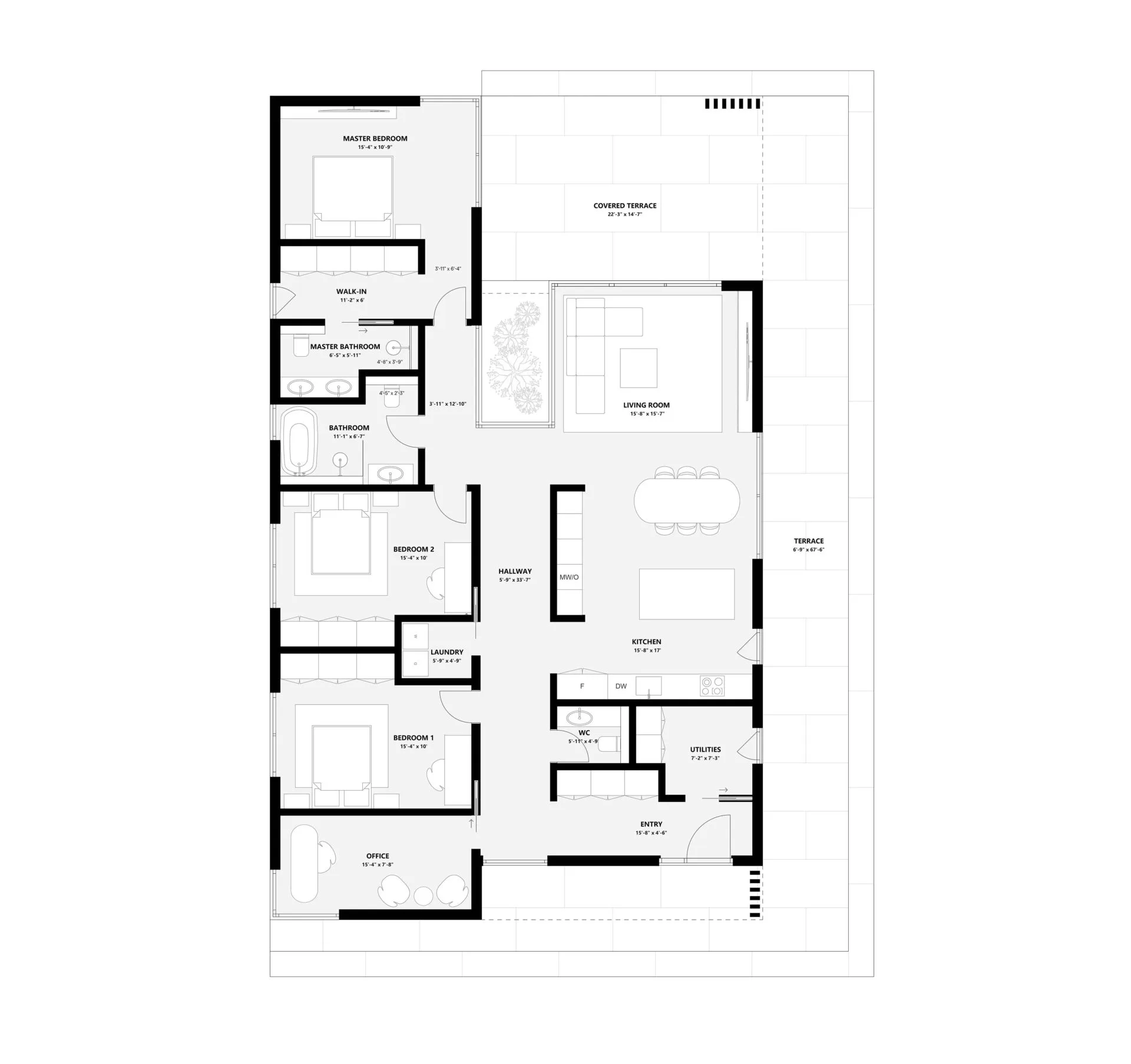 Lumina floor plan with central hallway, courtyard-focused layout, open kitchen dining and living, three bedrooms, office, laundry and covered terrace