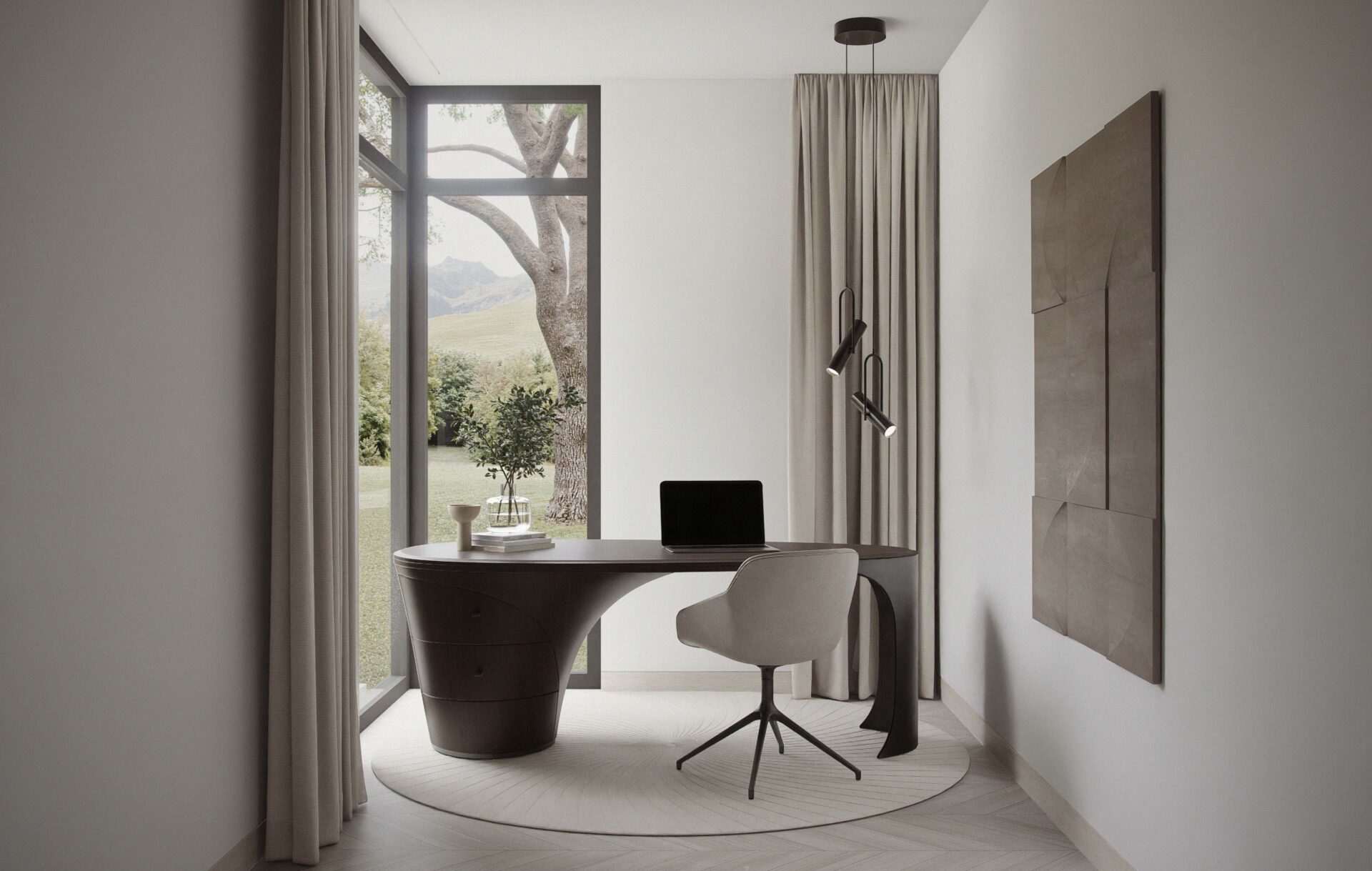 Lumina small home office with modern Scandinavian design, large window, minimalist desk and chair, and flexible space for a studio or hobbies